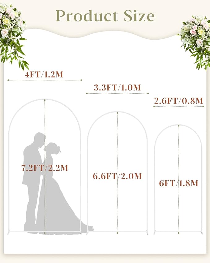 Wedding Arch, Metal Arch Backdrop Stand, Balloon Arch Stand Wedding Frame for Ceremony Decoration (White, 7.2FT, 6.6FT, 6FT Arch Backdrop)