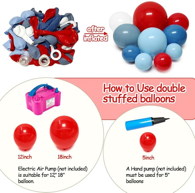 Red Blue White Balloon Arch Double Stuffed Navy Royal Dusty Blue Ruby Red Balloon Garland Kit with Latex for Birthday Baseball Baby Shower Nautical Graduation Veterans Day Party Decoration