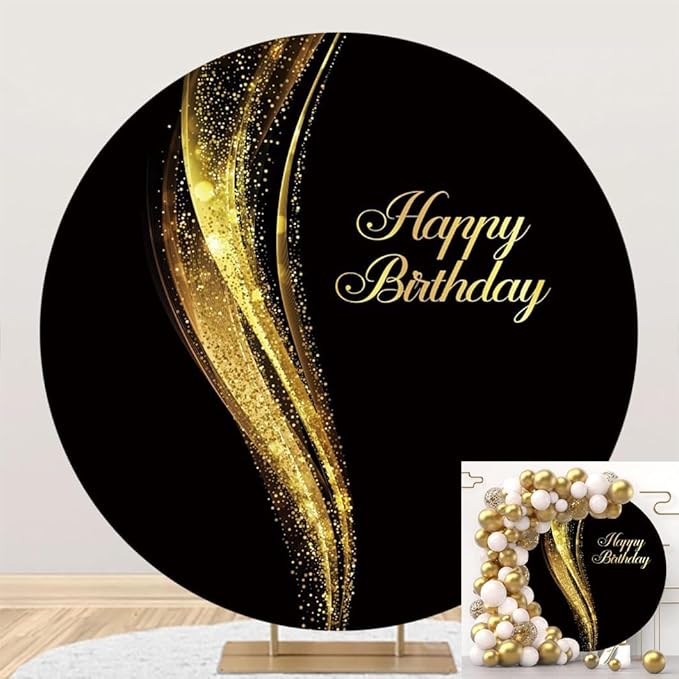 Black and Gold Round Backdrop 7.5ft Shining Gold Happy Birthday Round Photography Backdrop Fabric Portrait Birthday Party Decorations Polyester Cover Photo Booth Studio Prop