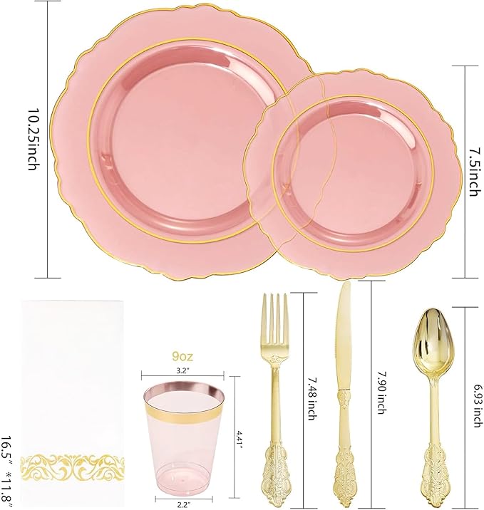 KIRE 210Pcs Clear Pink Plastic Plates with Gold Rim - Disposable Pink Plates for Party - 30 for Dinner 30 for Dessert 90 Silverware 30 Napkins 30Cups for Upscale Wedding/Party/Baby Shower/Mother's Day