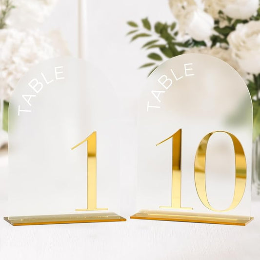 Frosted Arch Wedding Table Numbers 1-10 with Stand,10 Pack 5x7 Inch Frosted Acrylic Signs with Gold Number, Arched Acrylic Table Numbers for Wedding Reception