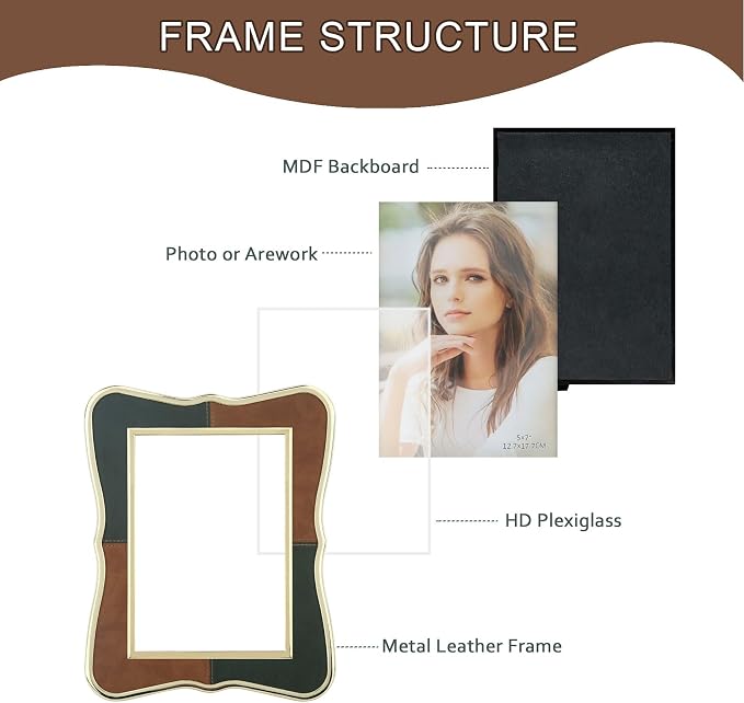 4x6 Metal Leather Picture Frame,Pretty Photo Frame with Gold Edge, Clear Glass Front, Unique Gifts for 3 Years of Marriage Couple Anniversary Graduation Horizontal&Vertical