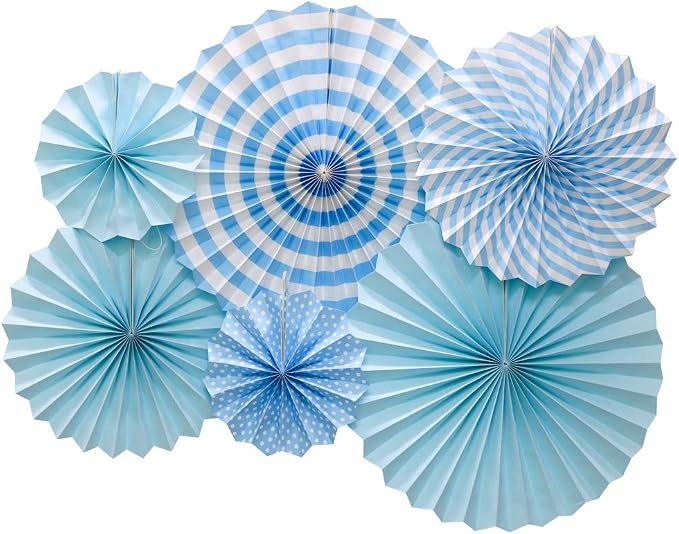 Hanging Paper Fans Party Set, Round Pattern Paper Garlands Decoration for Birthday Baby Boy Shower Graduation Bachelorette, Set of 6 (Blue)