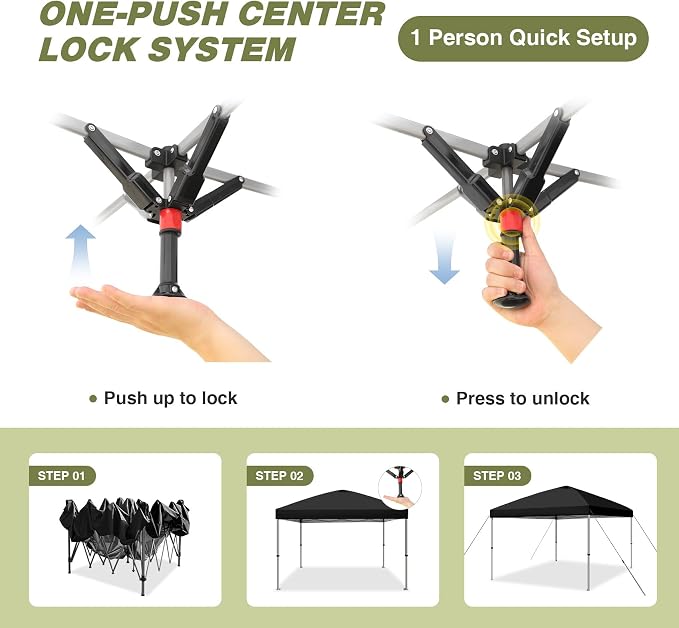 HYPER VENTURE 10x10ft Pop Up Canopy Tent with One Push Setup, Portable Outdoor Event Shelter with Rolling Carry Bag for Camping, Beach, Market, Patio (Black)
