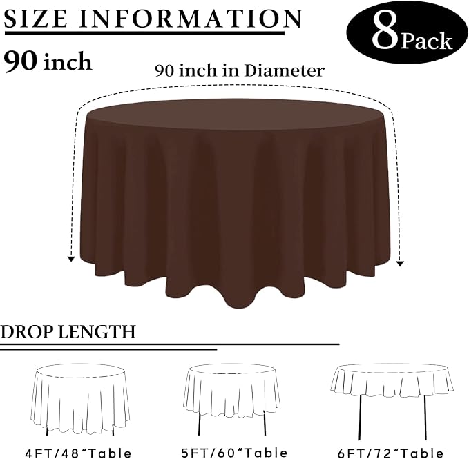 8 Packs 90 Inch Brown Round Tablecloth in Diameter, Washable Polyester Fabric Tablecloths, Wrinkle Resistant Table Cloth for Wedding Party Banquet Dining