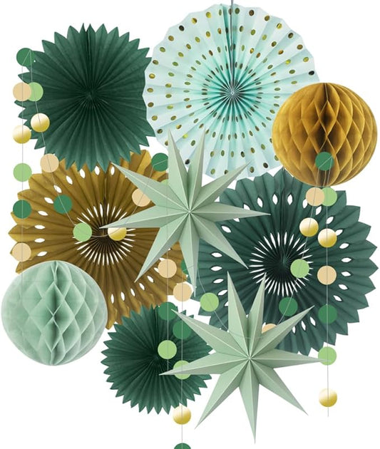 ADLKGG Sage Green Gold Party Decorations - Hanging Paper Fans Honeycomb Balls & Star Decor for Graduation, Gender Neutral Woodland Baby Shower, Bridal Shower, Birthday & Boho Wedding Photo Backdrop