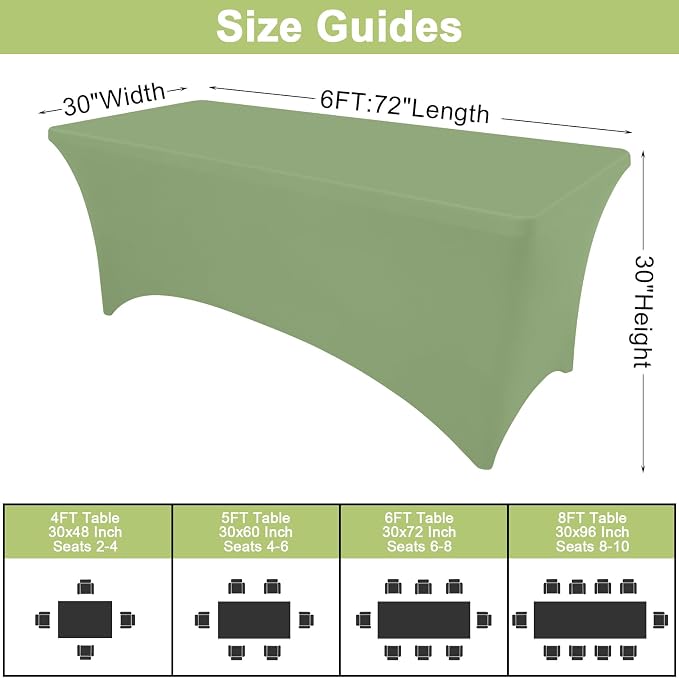 Moosfor Spandex Elastic Fitted 6FT Rectangle Tablecloth 6 Pack, Stretch Washable Reusable Table Cover for Outdoor Picnic, Dining, Wedding, Banquet & Party Events (Sage Green, 72Lx30Wx30H Inch)