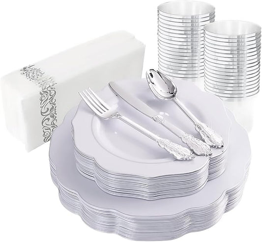NOCCUR 175pcs Silver Plastic Plates - Silver Rim Plastic Tableware Include 25 Dinner/Dessert Plates, 25 Forks, 25 Knives, 25 Spoons for Wedding/Party