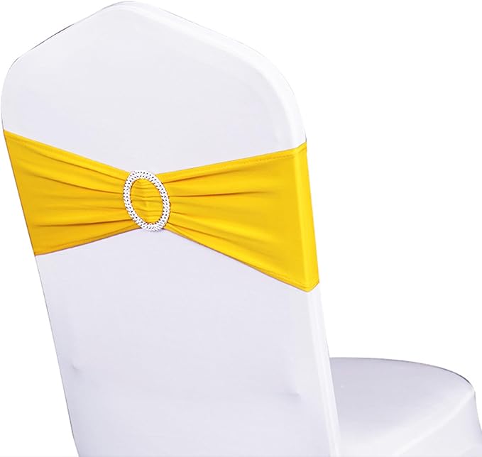 Pack of 50 Spandex Yellow Chair Sashes Bows Elastic Chair Bands with Buckle Slider Sashes Bows for Wedding Decorations Without White Covers (Yellow)
