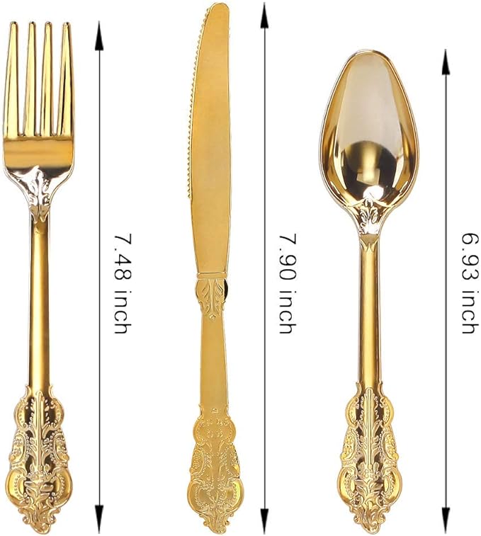WDF 300 Pieces Gold Plastic Silverware Disposable - Heavy Duty Plastic Cutlery - Gold Silverware Sets Includes 100 Forks, 100 Spoons, 100 Knives for Baby Shower Wedding Spring