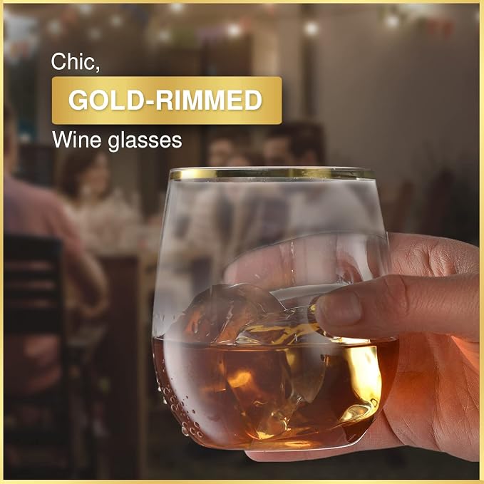 32 Pack Stemless Plastic Wine Glasses Disposable 12 Oz Gold Rim - Shatterproof Recyclable and BPA-Free, Stylish Drinkware for all Beverages, Cocktail Parties, Wedding Reception