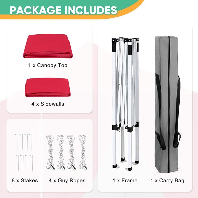 5x5 Pop Up Canopy Tent with Four Sidewalls, Instant Portable Beach Canopy, Outdoor Tent with Carry Bag for Camping, Sports, Tailgating, Events, Red