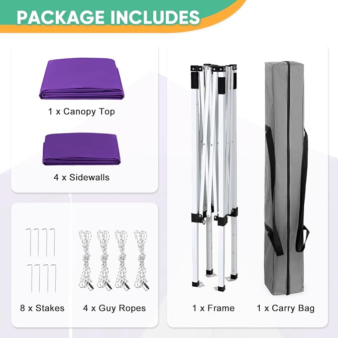 5x5 Pop Up Canopy Tent with Four Sidewalls, Instant Portable Beach Canopy, Outdoor Tent with Carry Bag for Camping, Sports, Tailgating, Events, Purple