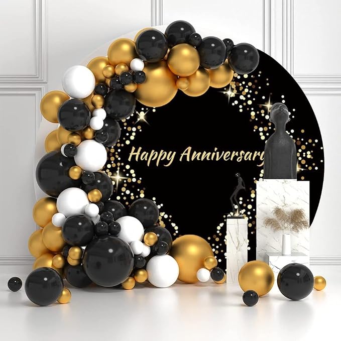 Happy Anniversary Round Backdrop Cover Black and Gold Glitter Spot Anniversary Photography Backdrop Wedding Anniversary Bridal Shower Party Decorations Circle Background Stand Cover 4ft