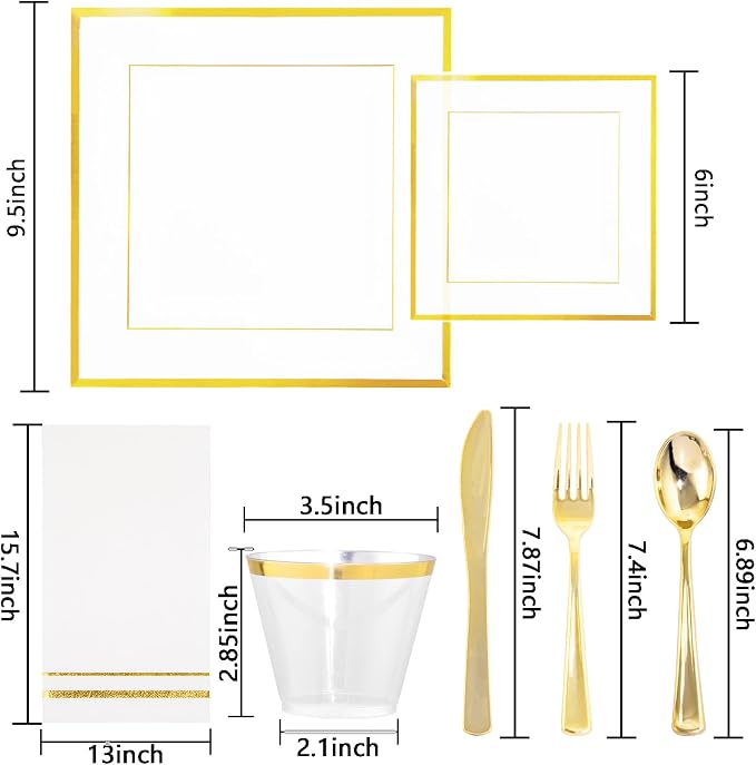 Festiva 350Pcs Clear Plastic Plates with Gold rim - Clear Gold Disposable Dinnerware for 50 Guests include Square Plastic Plates/Cups/Cutlery/Napkins Perfect for Birthday Party&Wedding