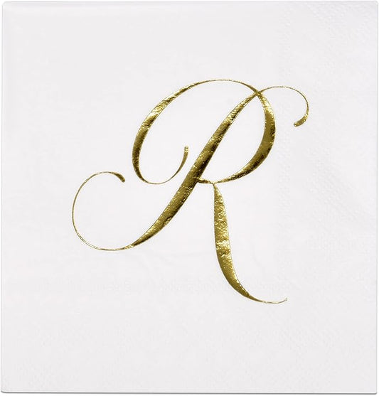 100 Monogram Letter R Cocktail Napkins Gold Foil Initial Disposable Paper Elegant Personalized Beverage Napkins Wedding Party Tableware
