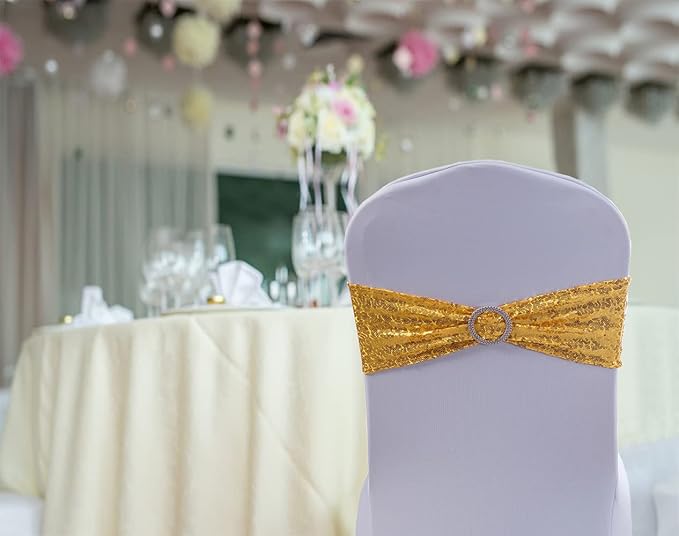 Sequin Gold Chair Sashes 50 Pack Glitter Gold Chair Bows Bands with Buckle for Wedding Birthday Party Bridal Shower Anniversary Engagement Christmas Events Decorations