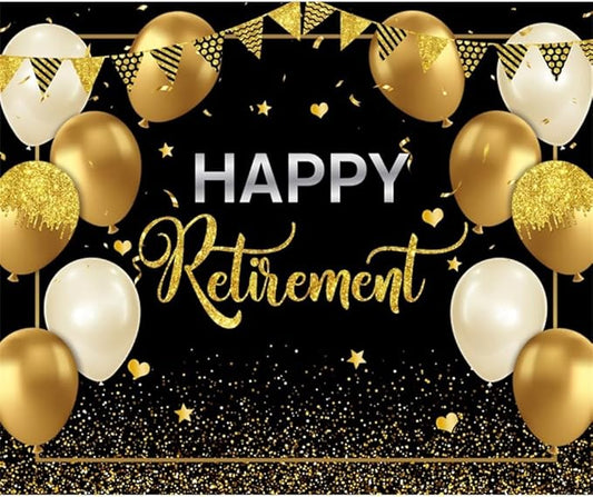 12x10ft Happy Retirement Backdrop for Photography Glitter Black Gold Retirement Party Decorations Banner Background Gold Sequins Balloons Men Women Celebrate Retirement Party Supplies Props