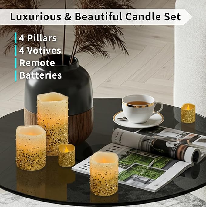 FURORA LIGHTING Gold Glitter LED Candles, 8-Pack Set with Remote & Timer | Includes 4 pillars and 4 votives. Delivers an opulent, dazzling golden glow for grand parties and centerpieces.
