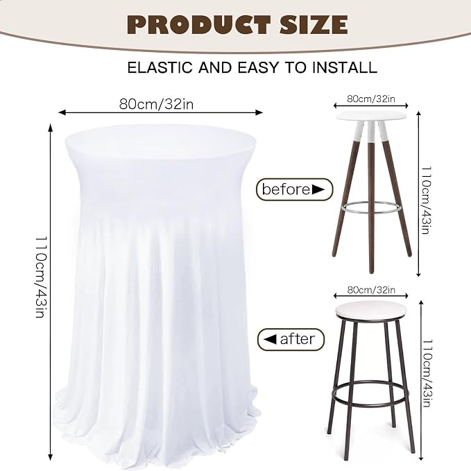 5 Pack White Cocktail Table Covers - 32 x 43 Inch Stretch Spandex Cocktail Tablecloths with Skirt Round Stretch High Top Table Cloths for Party, Bar, Pub, Wedding, Banquet, Birthday