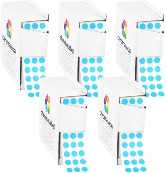 ChromaLabel 1/4 Inch Circle Sticker Labels, High Visibility Round Color Coding Labels with Handy Dispenser, Round Colored Stickers - 1000 Sticky Dots, Light Blue Stickers - Case of 5