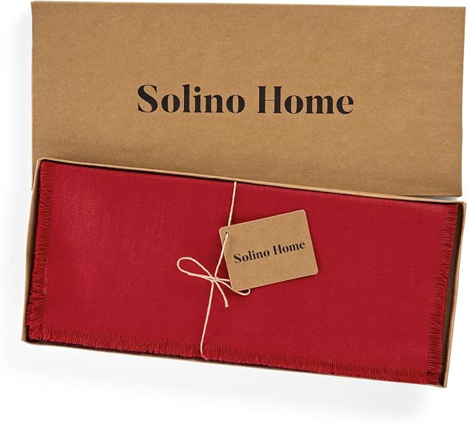 Solino Home Fringe Linen Table Runner 36 Inches - 100% Pure Linen Cherry Red Table Runner 14 x 36 Inch Ideal for Dresser and Coffee Tables - Mothers Day