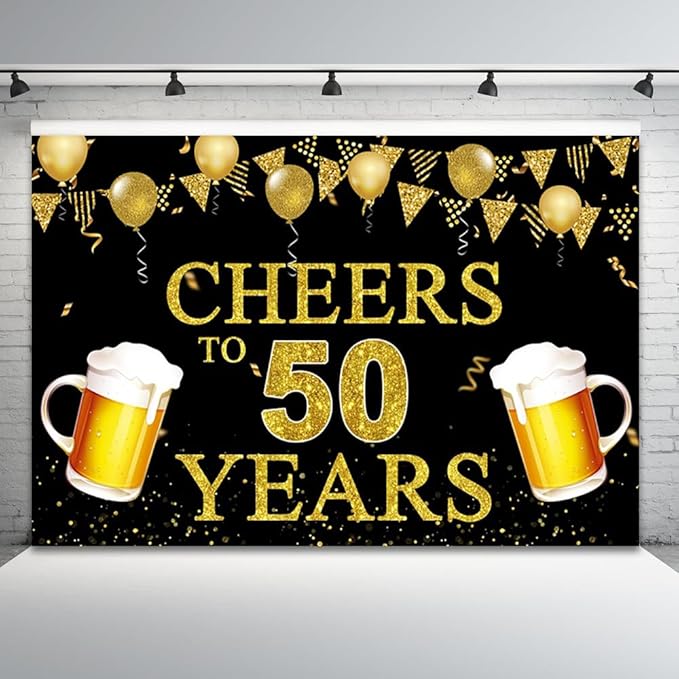 9x6ft 50th Birthday Backdrop Cheers to 50 Years Photography Background Golden Balloon Beer Men Women 50th Birthdays Party Banner Decorations Anniversary Celebration Parties Photo Booth Prop