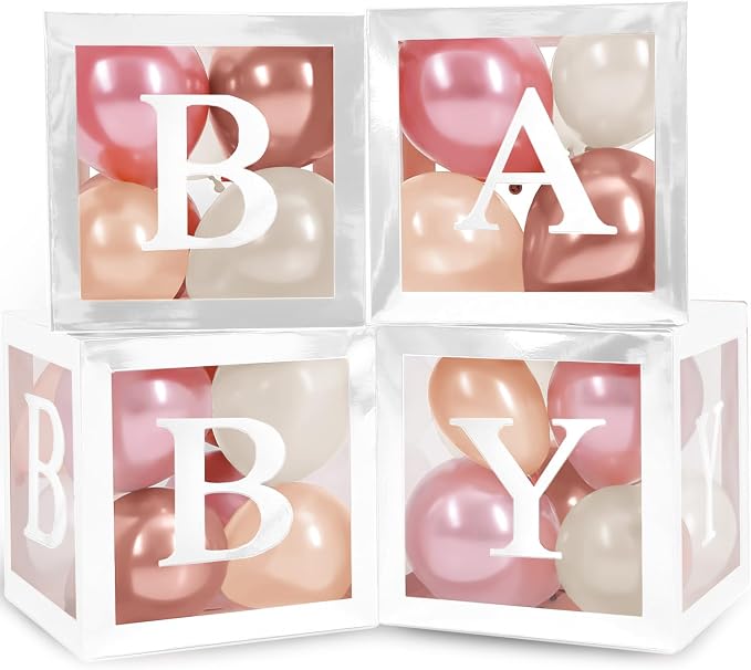 44-Piece Baby Shower Decorations for Boy or Girl - 4 Boxes with Letters and 32 Balloons - Neutral Dusty Pink, Sand and Nude - Gender Reveal Party Supplies - Nursery Decor Prop