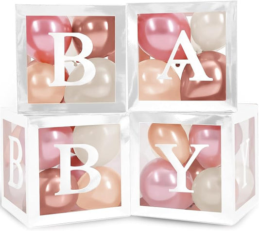 44-Piece Baby Shower Decorations for Boy or Girl - 4 Boxes with Letters and 32 Balloons - Neutral Dusty Pink, Sand and Nude - Gender Reveal Party Supplies - Nursery Decor Prop