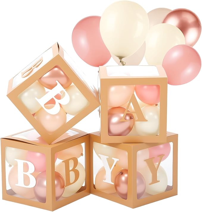 Zhanmai baby Boxes for Bear Baby Shower Decoration with 4 Letters 36 Balloons 4 Transparent Clear Balloon Box Blocks for Boy Girl Gender Reveal Party Favors(Rose Gold,Pink,Apricot,Ivory)
