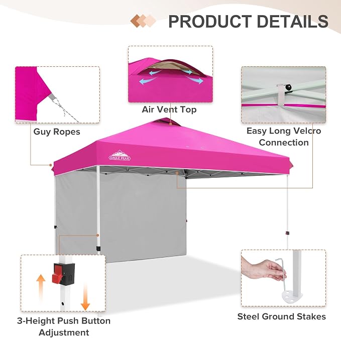 EAGLE PEAK Commercial Canopy 12x12 Pop Up Canopy Tent with 1 Sidewall, Easy Setup Heavy Duty Instant Event Shelter for Vendors & Markets, Outdoor Sun Shade, Pink