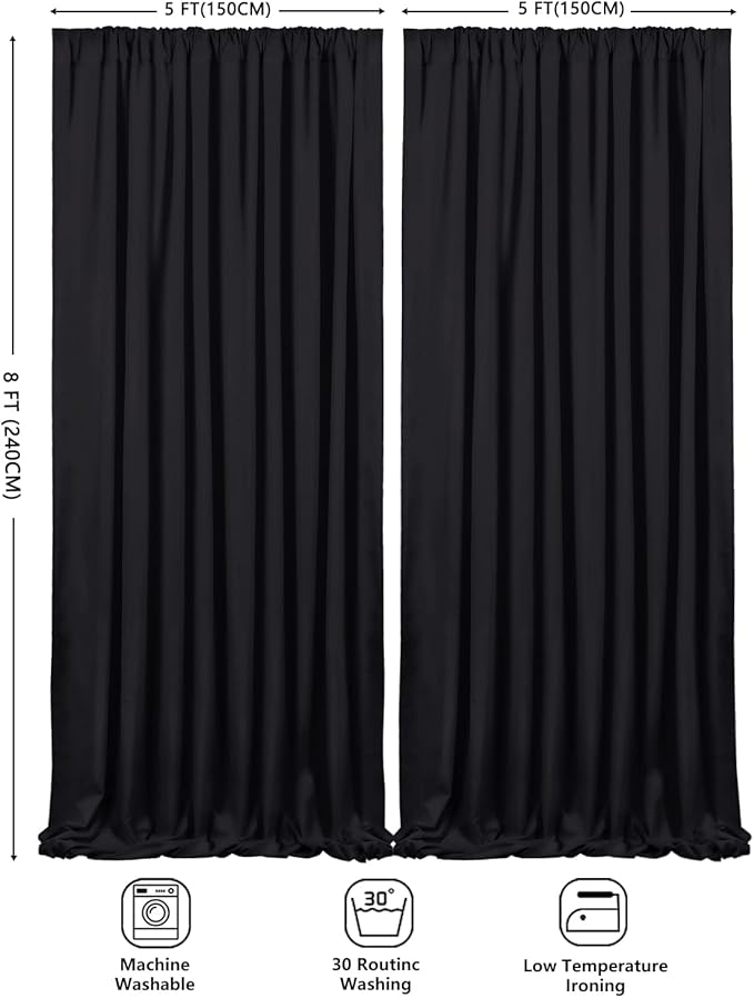 Black Backdrop Curtains 2 Panels 5ft x 8ft Polyester Photo Backdrop Drapes for Wedding Party Halloween Decorations