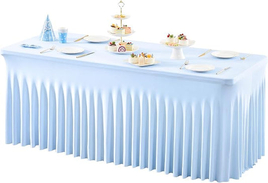 1 Packs Baby Blue Table Clothes for 6 Foot Rectangle Tables, One-Piece Wrinkle Resistant Stretch Spandex Table Covers with Skirt for Event Banquet Wedding Birthday Party