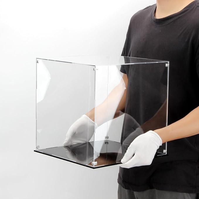 12 Inch Clear Acrylic Case for Display, Cube Clear Display Acrylic Box for Collectibles, Alternative Glass Case with Black Base for Display Figures Home Storage Organizing Toys Arts Showcase