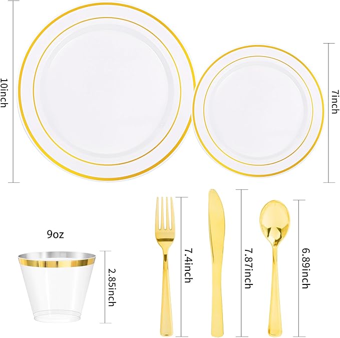 bUCLA 600Pcs White and Gold Plastic Plates - Gold Disposable Dinnerware Set for 100 Guests Include 100 Dinner & 100 Dessert Plates, 100 Cups, 100 Forks, 100 Spoons, 100 Knives for Party