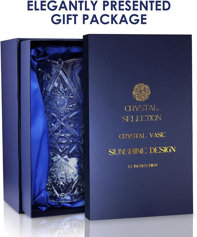 CS Crystal Vase 12-inch high, Sunshine Design, for Flowers & Decor. Lovely Nice Shiny Piece. Perfect as a Gift, Suitable for All Occasions.