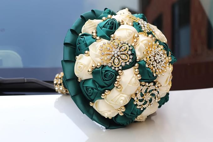 Emerald Green and Ivory Gold Brooch Wedding Bridal Bouquet for Bride Bridesmaid Quinceanera with Bling Rhinestone Pearl Satin Rose Flower Bouquet Wedding Emerald Green and Ivory 8.3in