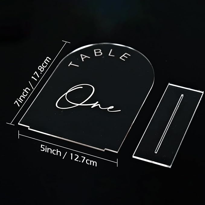 JINMURY Clear Acrylic Arch Table Numbers with Stands, 5x7 Inch Acrylic Arch Sign Table Numbers for Wedding (Clear White Font, 5x7 Inch Table Number 1-20)