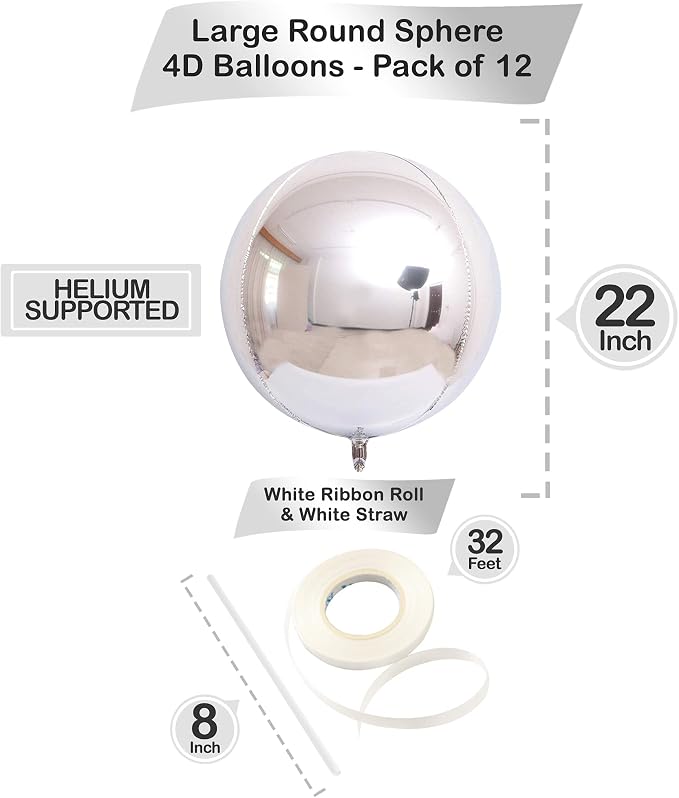 KatchOn, Metallic Silver Balloons - 22 Inch, Pack of 12 | 4D Round Mylar Balloons for Silver Birthday Party Decorations | 25th Anniversary Decorations, Engagement, Bridal Shower Decor