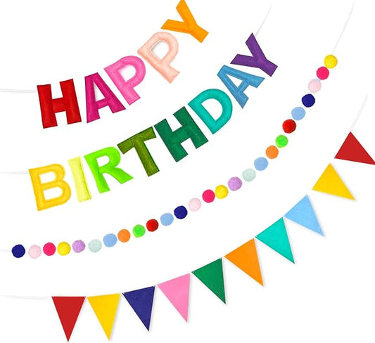 Pre-Strung 3D Rainbow Happy Birthday Banner, 3 PCS Happy Birthday Felt Sign, Pom Pom Garland, Triangle Fabric Bunting, Colorful Reusable Birthday Decorations for Women Men Girls Boys