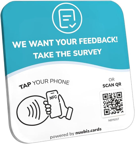 NFC Business QR Code Sign Plate for Taking Customer Surveys – Drive Offline Engagement Online – Works Like Review Tap Card & Social Media Sign – No App or Fees – Includes Stand or Adhesive