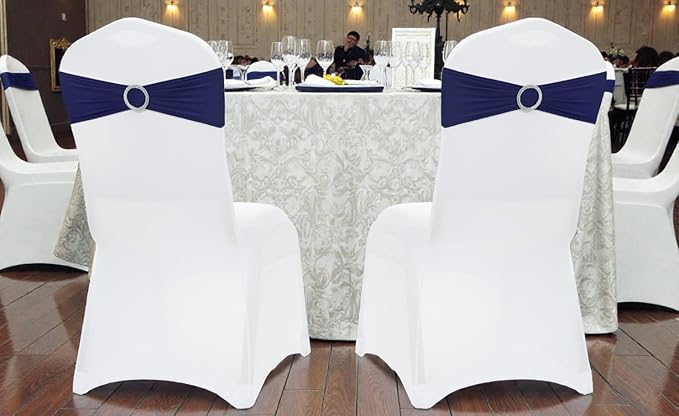 VDS - Navy Blue | Spandex Chair Sashes Bows | 50 PCS | Stretch Elastic Banquet Universal Folding Chair Band Tie with Silver Buckle Slider for Wedding Party Conference Celebration Event Decoration