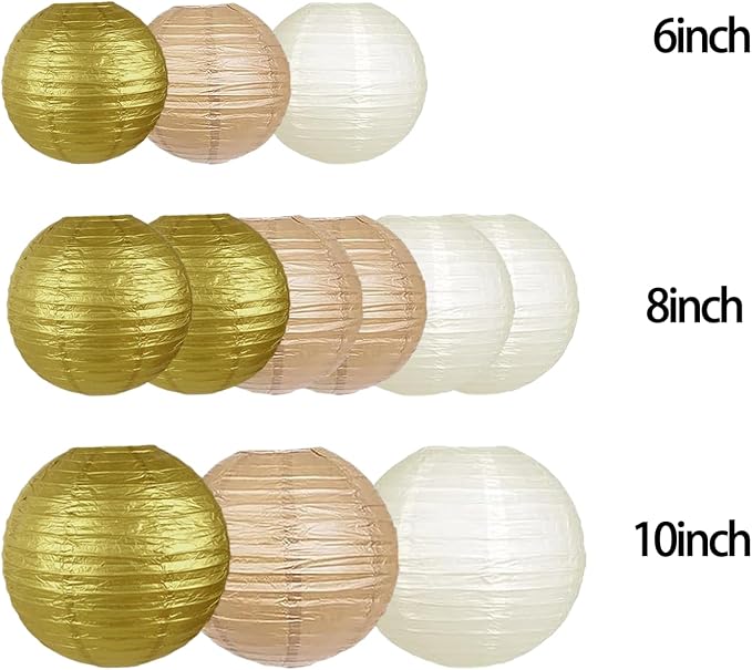 Gold White Paper Lanterns (12 Pack) - Hanging Paper Lanterns for Baby Shower Wedding Engagement Birthday Party Decorations(Gold,Khaki,Cream)