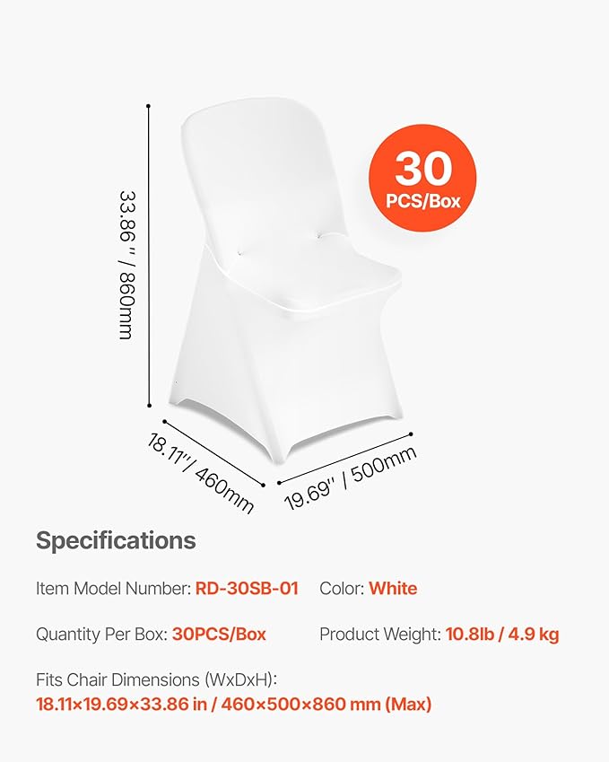 VEVOR Chair Covers, Polyester Spandex Chair Cover, Stretch Slipcovers for Wedding Party Dining Banquet Flat-Front Chair Covers (White-c-XL, 30PCS)