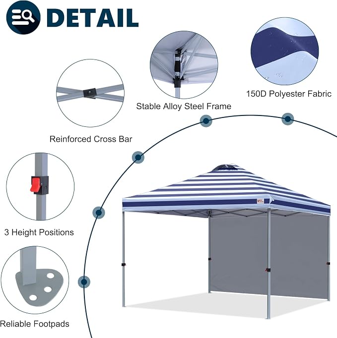 MASTERCANOPY 10x10 Pop Up Canopy Tent with 1 Sidewall, 1 Person Setup Instant Shelter, Outdoor Portable Beach Canopy, 1 Roller Bag, 4 Sandbags, 4 Ropes, 8 Stakes (10x10, Navy Blue Stripes)