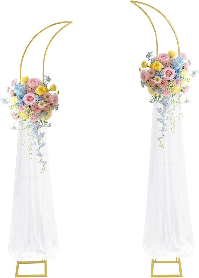 Metal Arch Backdrop Stand, Gold Curved Top Wedding Arch Set of 2 (6.85 FT/6.5 FT) Half Moon Wedding Arches Frames for Ceremony, Baby Shower,Birthday Party, Anniversary Graduation Decorations