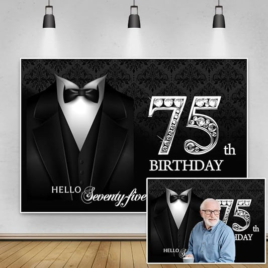 15x10ft Happy 75th Birthday Backdrop Gentleman Black Tuxedo Suit Necktie Hello Seventy Five Photography Background for Men Father Grandpa Birthday Party Decorations Cake Table Banner Vinyl
