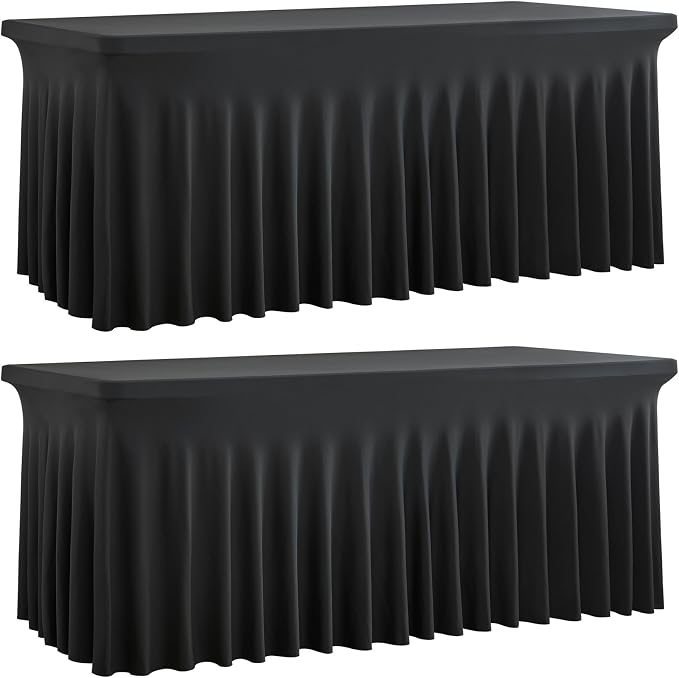 2 Pack Black Spandex Tablecloth for 5 Foot Rectangle Tables, Wrinkle Free Fitted Table Clothes Cover 5ft Stretchy Tablecloths with Skirt for Parties Weddings Birthday Banquet Baby Shower