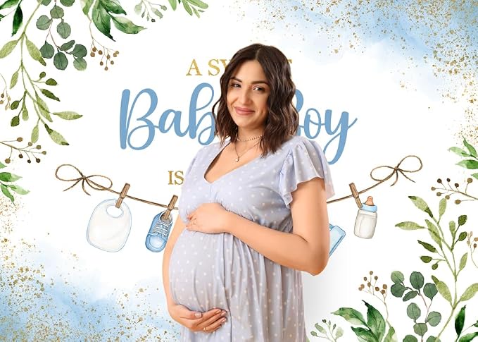5x3ft Cute Clothes Baby Shower Backdrop for Boys a Sweet Baby Boy is on The Way Newborn Kids Blue Leaves Gold Dots Baby Shower Party Decorations Banner Supplies Photo Booth Props