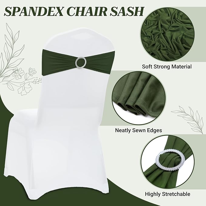 MDS Pack of 75 Spandex Chair Sashes Bow Premium Stretch Chair Cover Band with Buckle Slider Universal fits Elastic Dining Chair Ties for Wedding Party Banquet Events Decoration - Olive Green